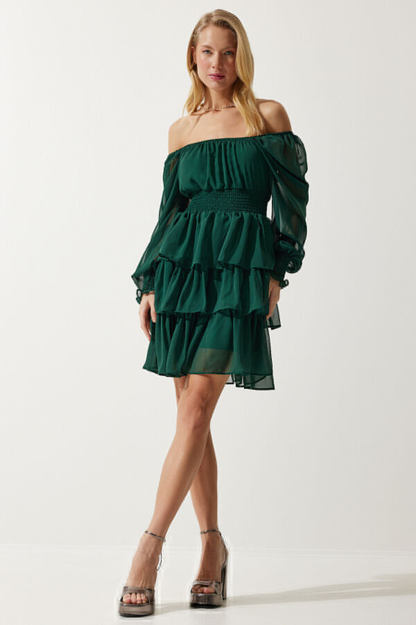 happinessistanbul Женское шифоновое платье изумрудно-зеленого цвета с воланами DK00168
