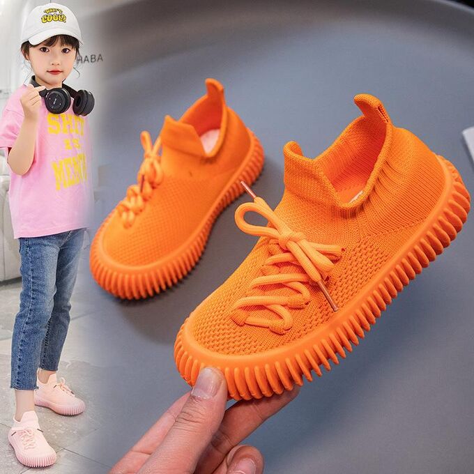 Кроссовки детские на шнурках сетчатые эластичные, оранжевые
