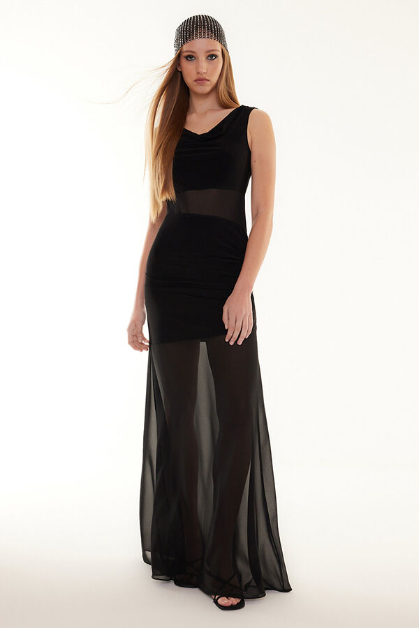 Trendyomilla Черное прозрачное длинное элегантное вечернее платье из тюля с подробными деталями