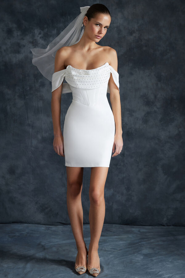 Trendyomilla Белое облегающее плетеное платье с блестящими камнями для свадьбы/свадьбы, шикарное вечернее платье