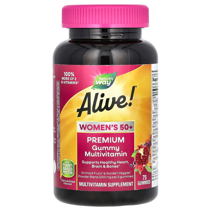 iherb Nature&#039;s Way, Alive!, мультивитамины премиального качества для женщин старше 50 лет, со вкусом вишни и винограда, 75 жевательных таблеток