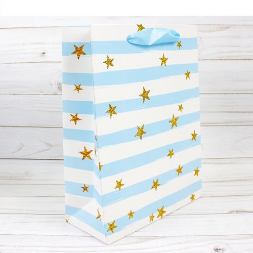 219757--Пакет подарочный &quot;Золотые звезды&quot; голубой, люкс 32*12*40 см.