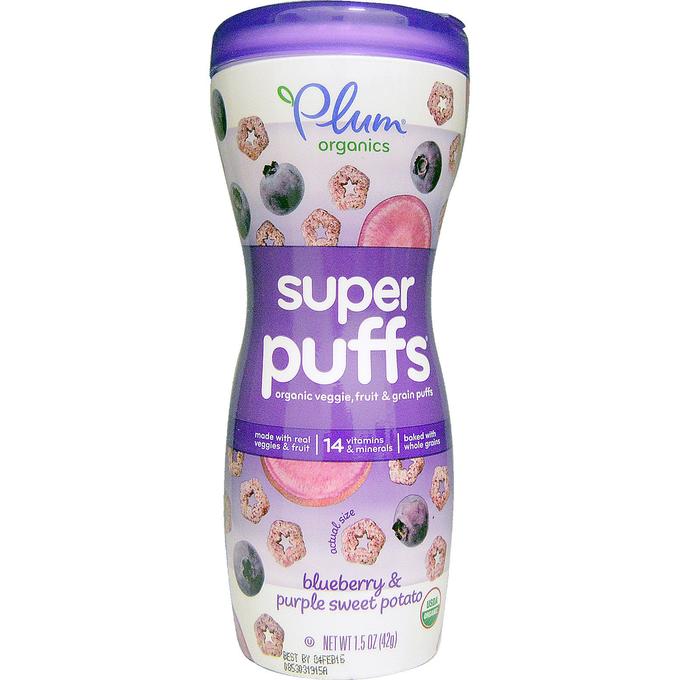 Plum Organics, Super Puffs, органические колечки из овощей, фруктов и злаков, черника и фиолетовый батат, 1,5 унции (42 г)