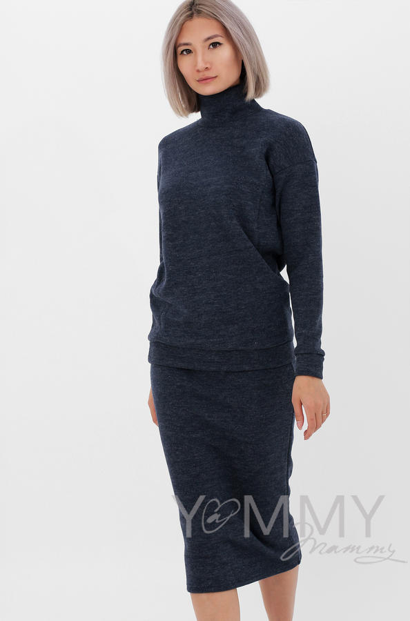 Костюм из плотного вязанного трикотажа джемпер + юбка темно-синий меланж