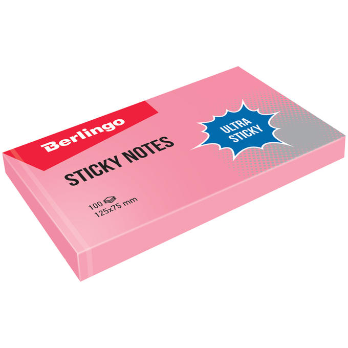 Самоклеящийся блок Berlingo &quot;Ultra Sticky&quot;, 125*75мм, 100л, пастель, розовый
