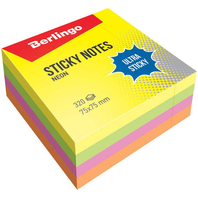 Самоклеящийся блок Berlingo &quot;Ultra Sticky&quot;, 75*75мм, 320л, 4 неоновых цвета