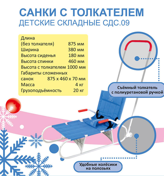 Санки складные с задним толкателем на колесах СДС 09 (зеленые)