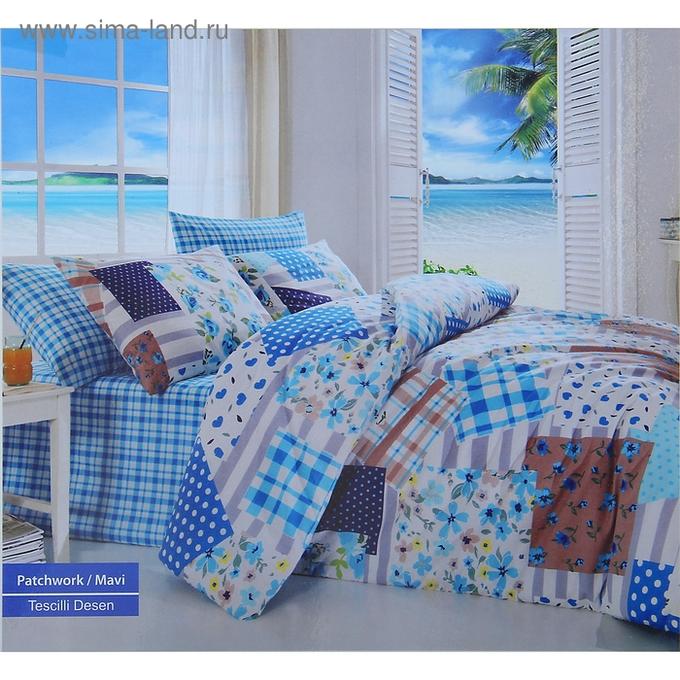 Постельное бельё Евро COTTON LIFE Creton PATCHWORK 200х220 см, 220х240 см, 50х70 см, цвет голубой