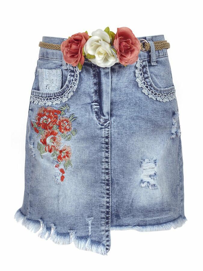 Юбка джинсовая для девочки, декор-пояс с цветами