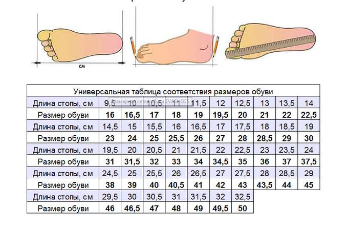 Таблица полноты ноги женской обуви