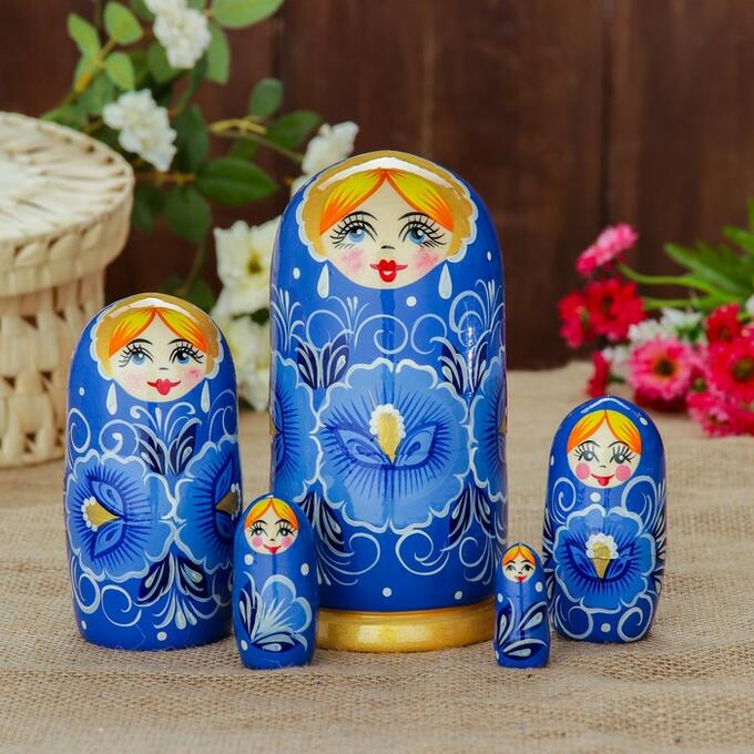 Матрёшка «Гжель» голубой платок, 5 кукольная, полхово-майданская роспись, 17 см