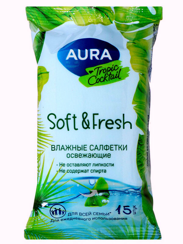 Aura Влажные салфетки Tropic Cocktail Soft&amp;Fresh Освежающие 15шт.