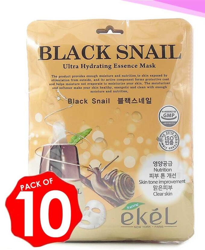 EKEL Black Snail Ultra Hydrating Essence Mask Тканевая маска с муцином черной улитки против воспалений и постакне 25мл - 10шт
