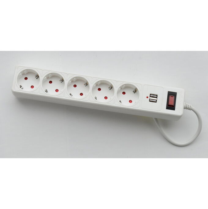 Smartbuy Сетевой фильтр 1,8 м, 5 гнезд c USB, 10А,  c защитными шторками, с заземлением, ПВС 3x0,75,  белый (SBSP-18U-W)