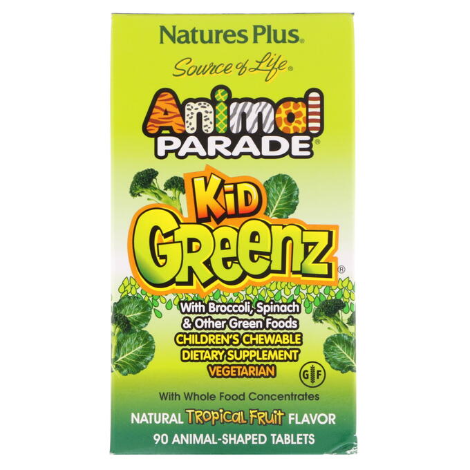 Nature&#039;s Plus, Source of Life, Animal Parade, Kid Greenz, вкус натуральных тропических фруктов, 90 животных