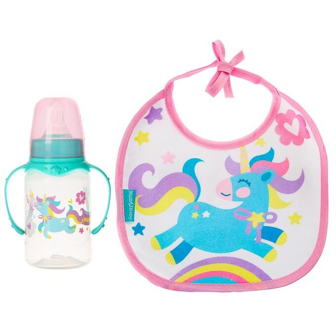 Подарочный детский набор «Волшебная пони»: бутылочка для кормления 150 мл + нагрудник детский непромокаемый из махры