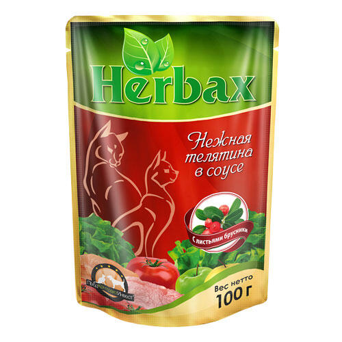 Пакет дой-пак herbax 100 гр. для кошек нежная телятина в соусе с листьями брусники 1/24