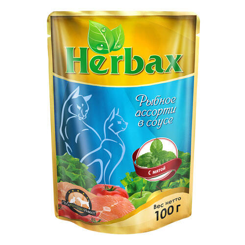 Пакет дой-пак herbax 100 гр. для кошек мясное ассорти в соусе с листьями брусники 1/24