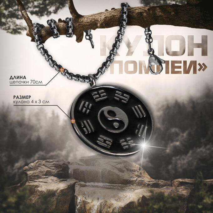 QF Кулон-амулет «Помпеи» круг инь-ян, цвет чёрный в чернёном серебре, 70 см