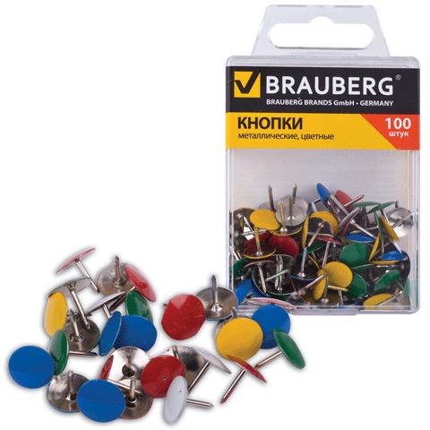 Кнопки канцелярские BRAUBERG, металлические, цветные, 10 мм,