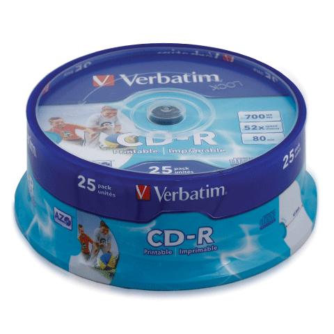 Диски CD-R VERBATIM 700MB 52x Printable 25шт Cake Box 43439