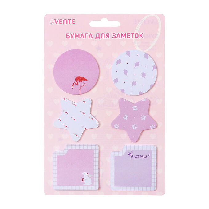 Набор клейкой бумаги для заметок &quot;deVENTE. Flamingo&amp;Rabbit&quot; бумажные 45x45 мм, 6x20 листов, офсет 80 г/м², ассорти форм, 6 дизайнов, в картонном блистере и пластиковом пакете с европодвесом