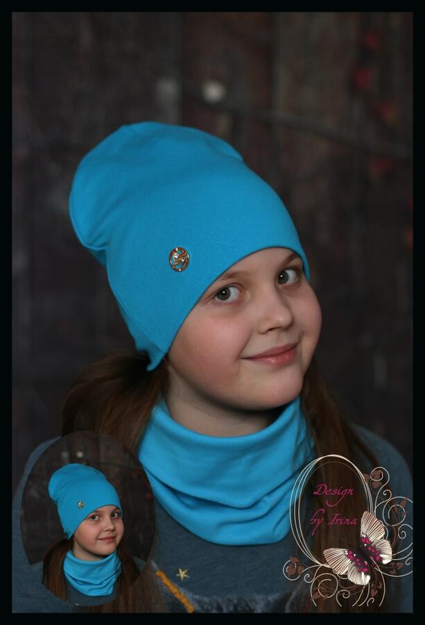 Design by Irina Удлинённая шапка для девочки «Luxary» (бирюза) с шарфом