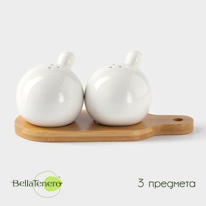 СИМА-ЛЕНД Набор фарфоровый для специй на бамбуковой подставке BellaTenero «Шарики», 2 предмета: солонка 100 мл, перечница 100 мл, цвет белый