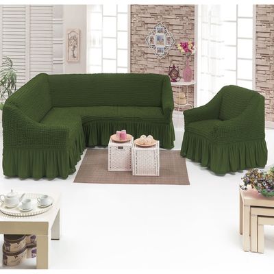 Чехол для мягкой мебели DO&amp;CO, диван угловой 2-х предметный, кресло 1шт, оливковый, п/э