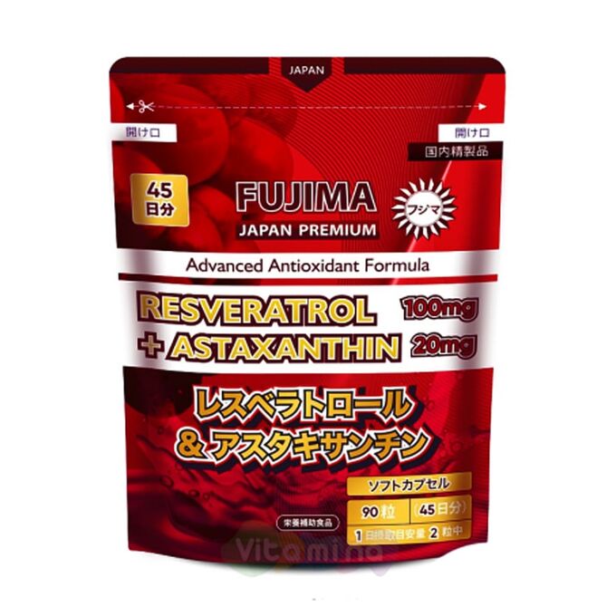 FUJIMA Resveratrol &amp; Astaxanthin, антиоксидантная формула Ресвератрол и Астаксантин для красоты и молодости, 90 капсул, курс на 45 дней