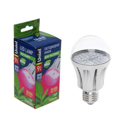 Лампа светодиодная для растений Uniel, А60, Е27, 9 Вт, 110 мм, прозрачная