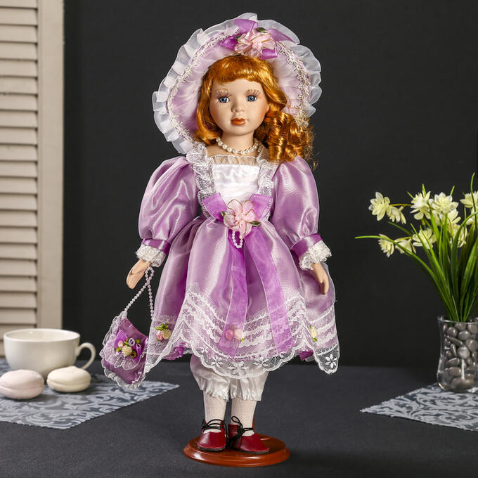 Кукла коллекционная керамика &quot;Вера в сиреневом платье в шляпке и с сумочкой&quot; 40 см