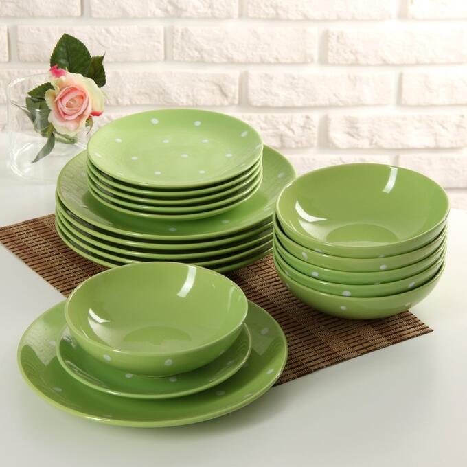 Сервиз керамический столовый Доляна «Зелёный горох», 18 предметов: 6 тарелок в=19 см, 6 тарелок d=27 см, 6 тарелок d=18,7 см, цвет зелёный