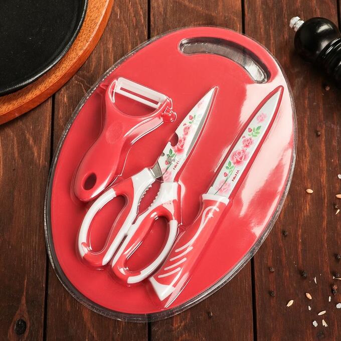 Набор кухонный, 3 предмета: нож, ножницы с антиналипающим покрытием, овощечистка, цвет красный 3039838