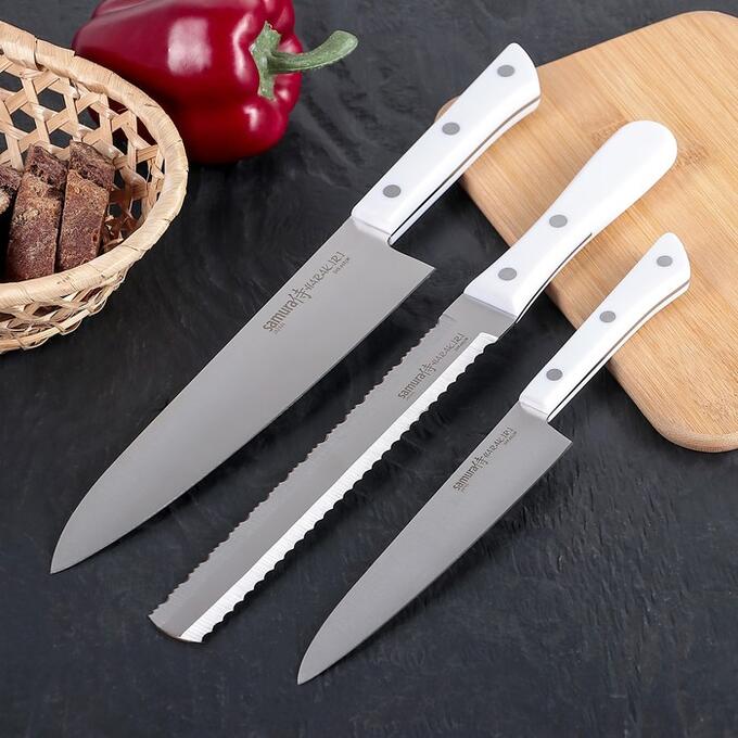 Набор кухонных ножей Samura HARAKIRI, 3 шт, лезвия 15 см, 18,5 см, 20,8 см, белая рукоять, сталь AUS-8