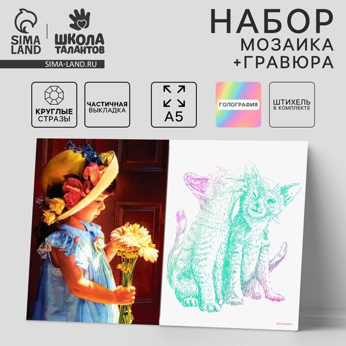 Школа талантов Алмазная мозаика с частичным заполнением «Девочка» и гравюра «Кошачьи нежности» А5