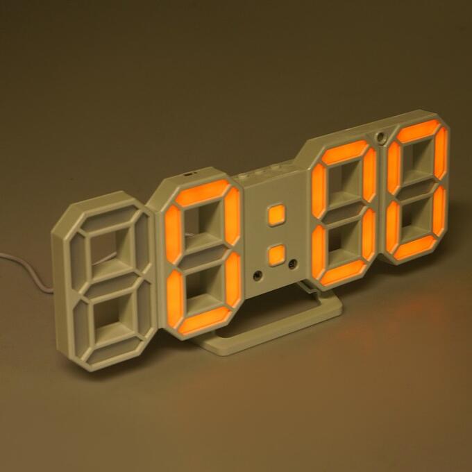 Часы-будильник электронные &quot;Цифры&quot;, цифры оранжевые, с термометром, белые, 23х9.5х3 см