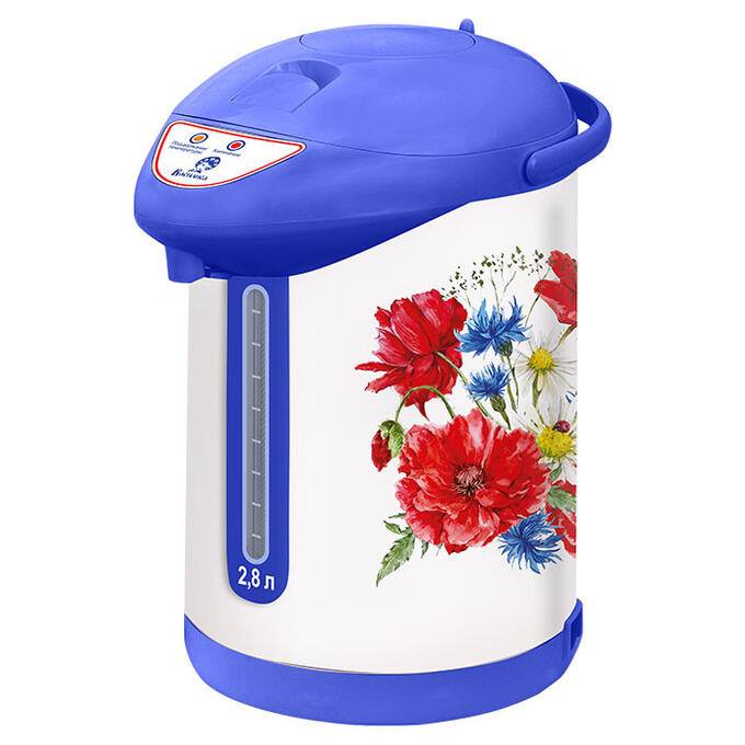 Чайник-термос электрический 820 Вт, 2,8 л ВАСИЛИСА ТП7-820 &quot;Полевые цветы&quot; белый с голубым