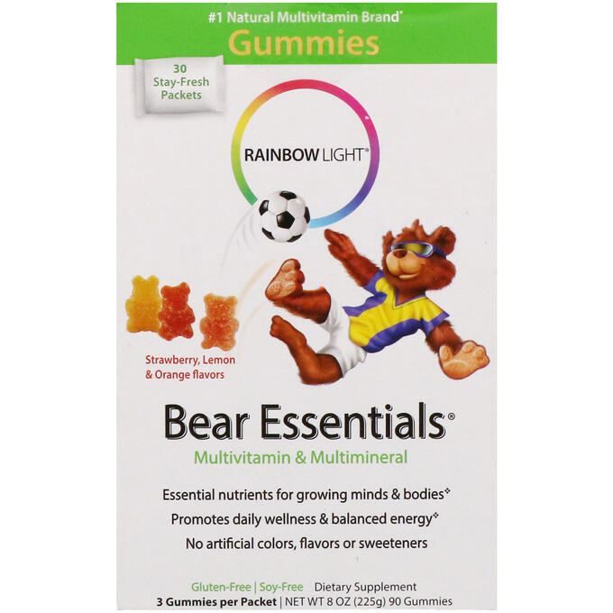Rainbow Light, Bear Essentials, мультивитамины и мультиминералы, жевательные конфеты со вкусом клубники, лимона и апельсина, 30 пакетиков по 3 жевательных конфеты в каждом
