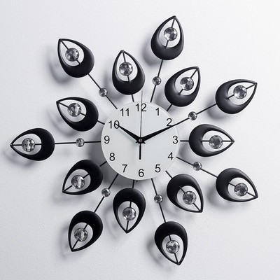Часы настенные, серия: Ажур, Чёрные лепестки, кристаллы, d=50 см микс