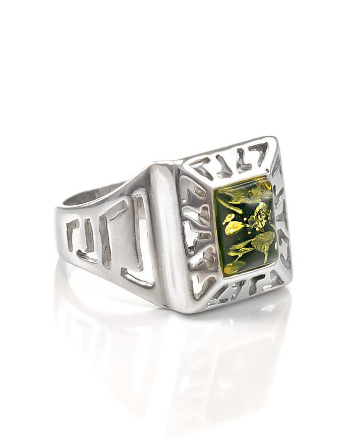 Серебряный перстень-унисекс с натуральным зелёным янтарём «Итака», 706301060