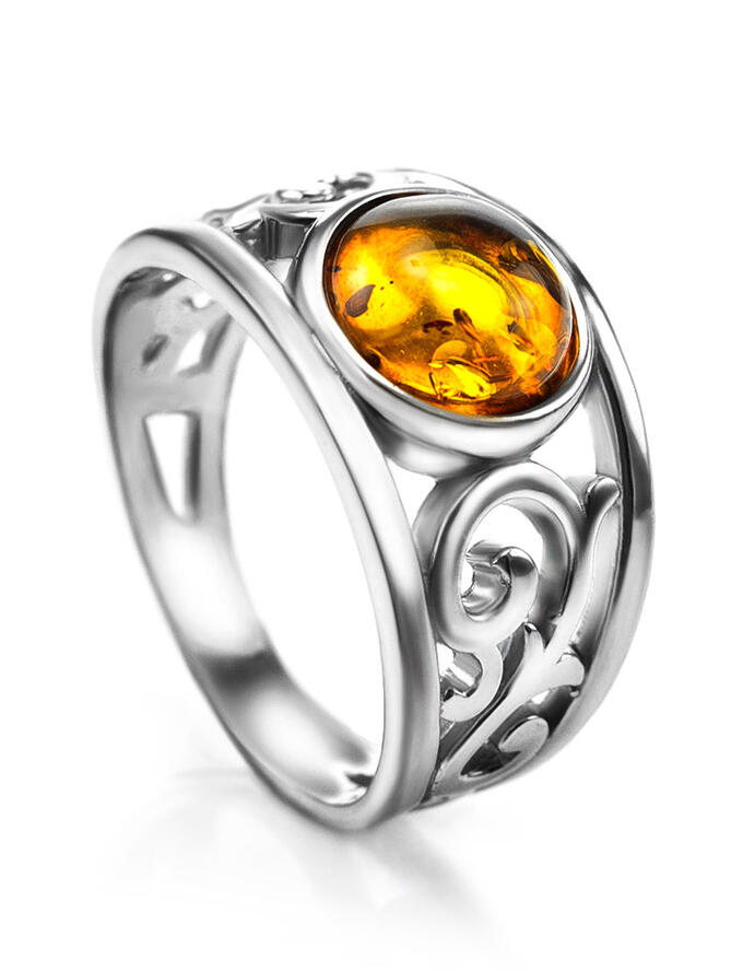 amberholl Ажурное кольцо из серебра со вставкой из коньячного янтаря «Шахерезада»