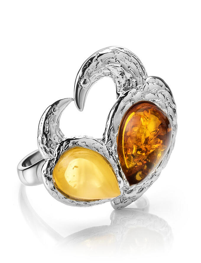 amberholl Яркое кольцо из серебра и натурального янтаря медового и коньячного цветов «Лирика»