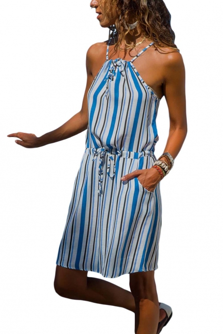 Серо-голубое полосатое платье-сарафан со сборкой в талии и карманами