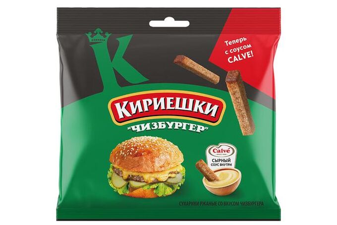 Яшкино «Кириешки», сухарики ржаные со вкусом чизбургера и с сырным соусом «Calve», 85 г