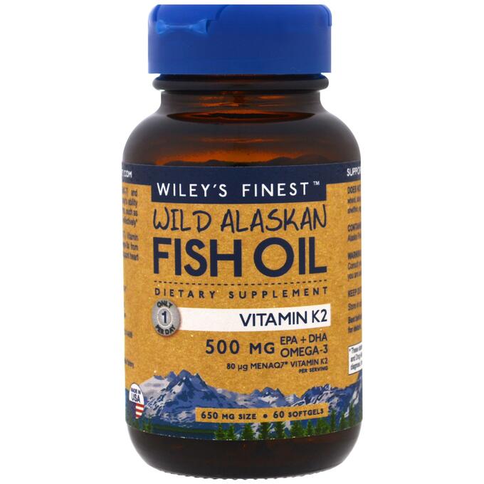 Wiley&amp;#x27 - s Finest, Рыбий жир дикой рыбы Аляски, витамин K2, 60 желатиновых капсул с рыбьим жиром