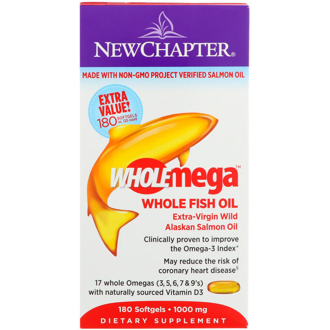New Chapter, Wholemega, цельный рыбий жир из дикого аляскинского лосося первого отжима, 1000 мг, 180 мягких желатиновых капсул