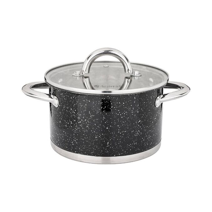 Agness Кастрюля с стеклянной крышкой из нержавеющей стали, серия Black Marble, 2.5л, 18x10.5 см - Идеальный помощник на кухне, 1 шт.