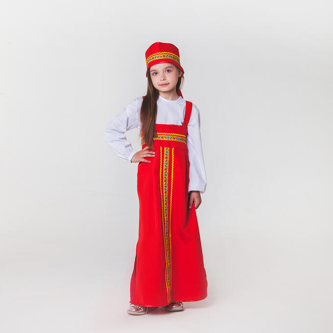 Карнавальный костюм для девочки &quot;Русский народный&quot;, сарафан, рубашка, кокошник, 6-7 лет