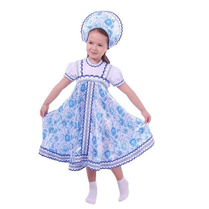 Страна карнавалия Русский народный костюм для девочки с кокошником, голубые узоры, р-р 34, рост 134 см